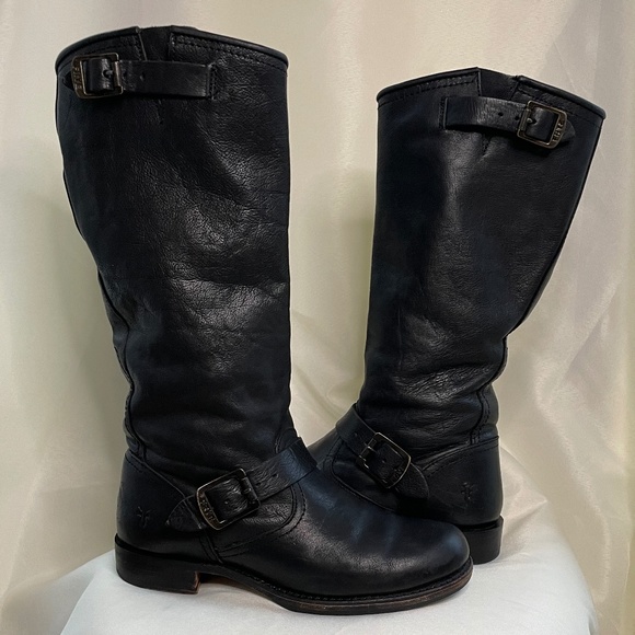 FRYE Veronica Black Leather mid-calf Pull On Engineers Boots - Picture 7 of 12